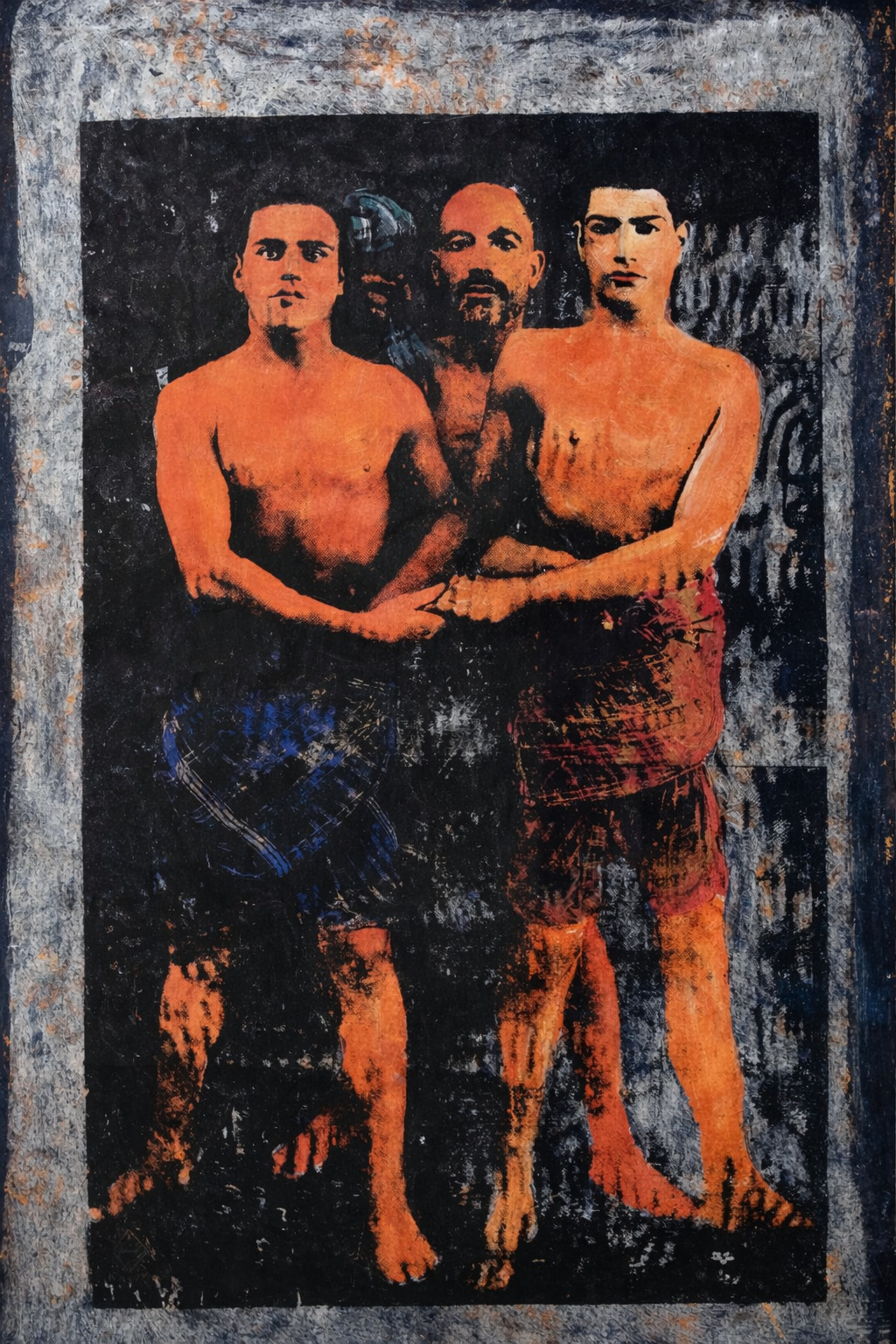 Khosrow Hassanzadeh, « Pahlavans », oeuvre représentant trois hommes torses nus qui se donnent la main.