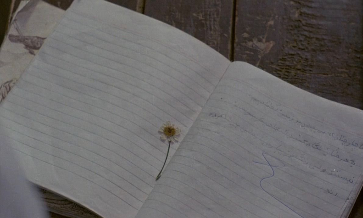 Abbas Kiarostami, scène du film « Où est la maison de mon ami ? ». On voit un cahier ouvert avec de l'écriture effacée et une fleur au milieu posée entre mes pages.