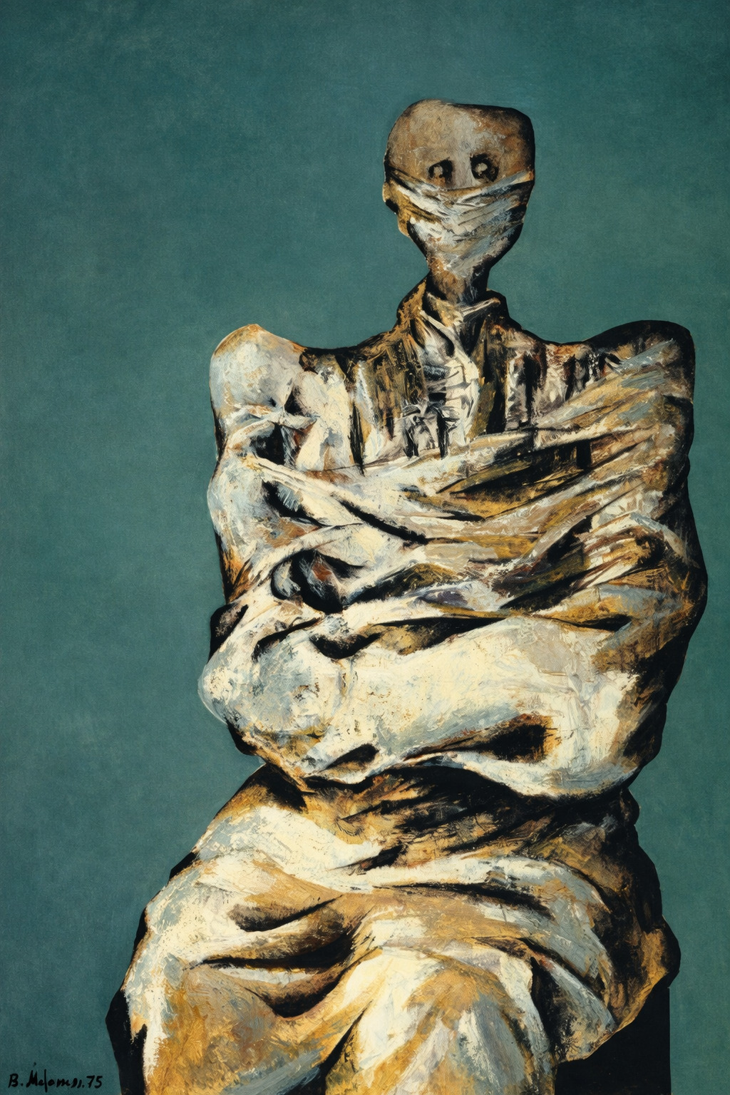 Peinture de Bahman Mohassess qui représente une corps squelettique entouré de tissus.