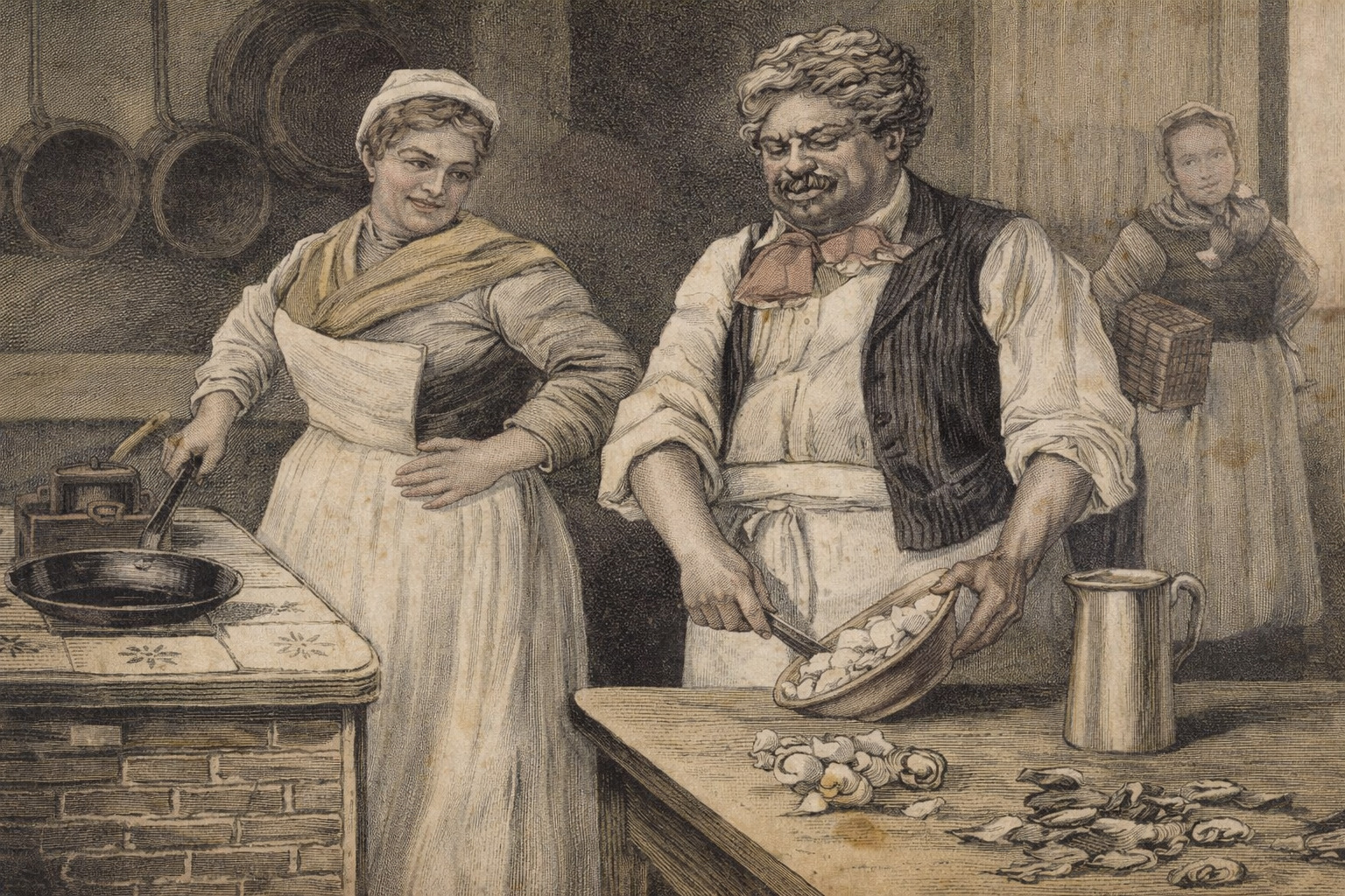L’auteur français Alexandre Dumas en pleine préparation d’une omelette aux huîtres, dans une illustration publiée par « La Cuisine des Familles ».