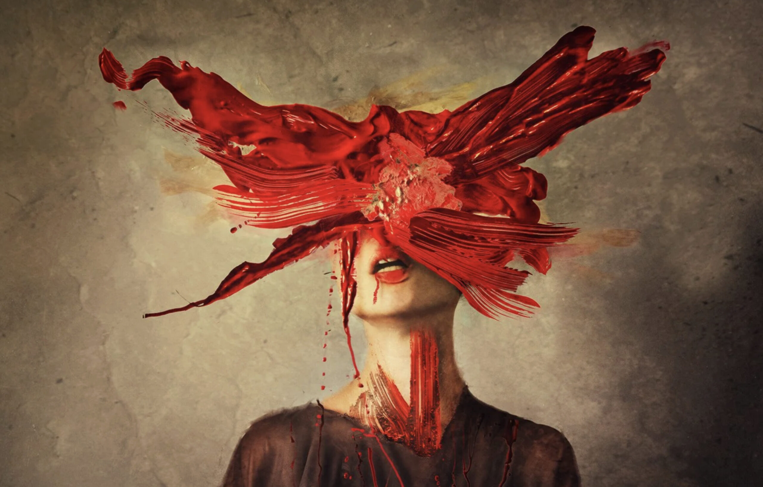 Brooke Shaden, « The Painted Spirit II » (2020), détail de la couverture du roman de Marina de Van, « Point de suture ». On voit la photo d'un visage recouvert de grandes trainées de peinture rouge.