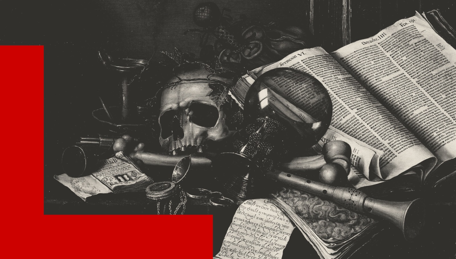 Edwaert Collier, « Vanité, Nature morte avec livres, manuscrits et un crâne ». Cette peinture montre un crâne entouré de livres, manuscrits, sablier, instruments scientifiques et une flûte à bec, disposés sur une table recouverte d’un drap vert.