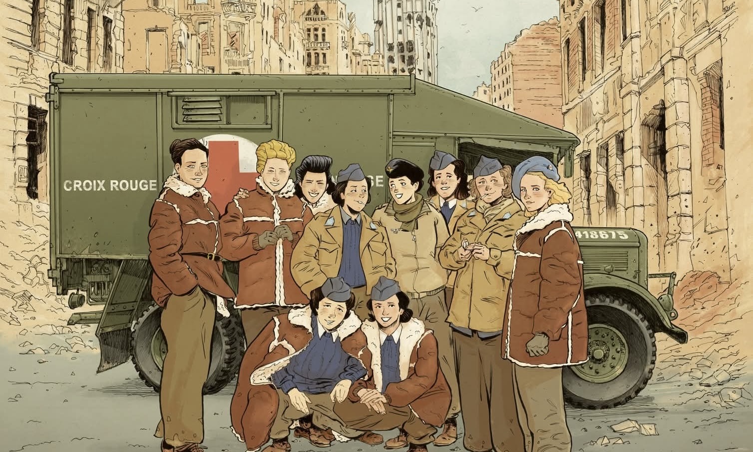 Dessin issu de « L’Escadron bleu, 1945 », bande-dessinée de Virginie Ollagnier et Yan Le Pon. On voit des femmes en tenue militaire devant un camion de la Croix-Rouge au milieu d'une ville en ruines pendant la Seconde Guerre mondiale.