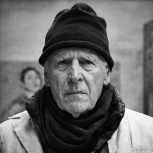 Portrait en noir et blanc du peintre Martial Raysse.