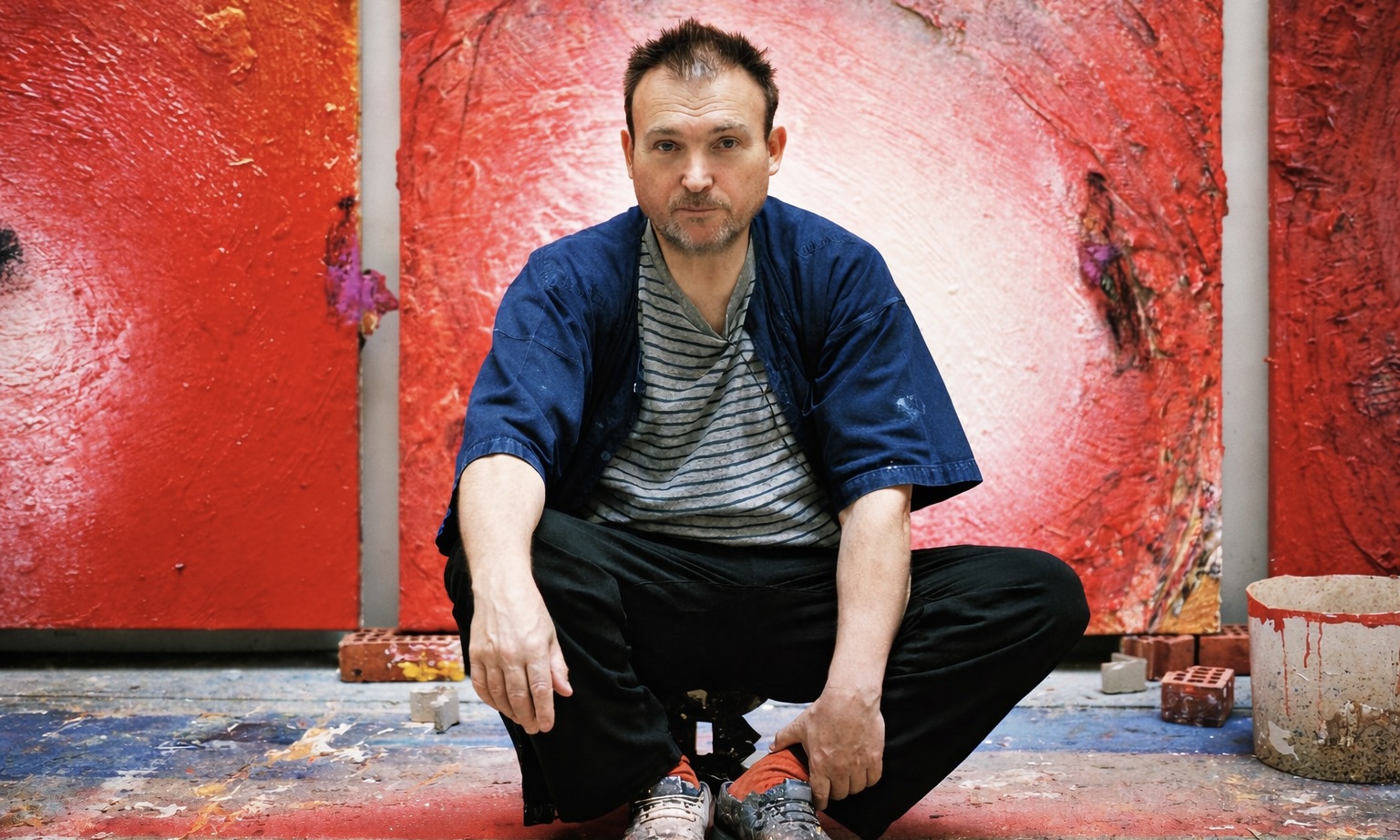 Le peintre et dessinateur espagnol Miquel Barceló, assis devant des toiles peintes en rouge dans son atelier.