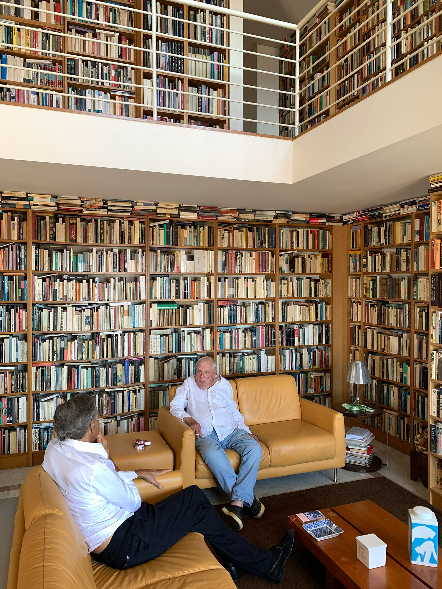 Bernard-Henri Lévy et son ami António Lobo Antunes, assez sans un salon bibliothèque avec des livres qui recouvrent tous les murs.