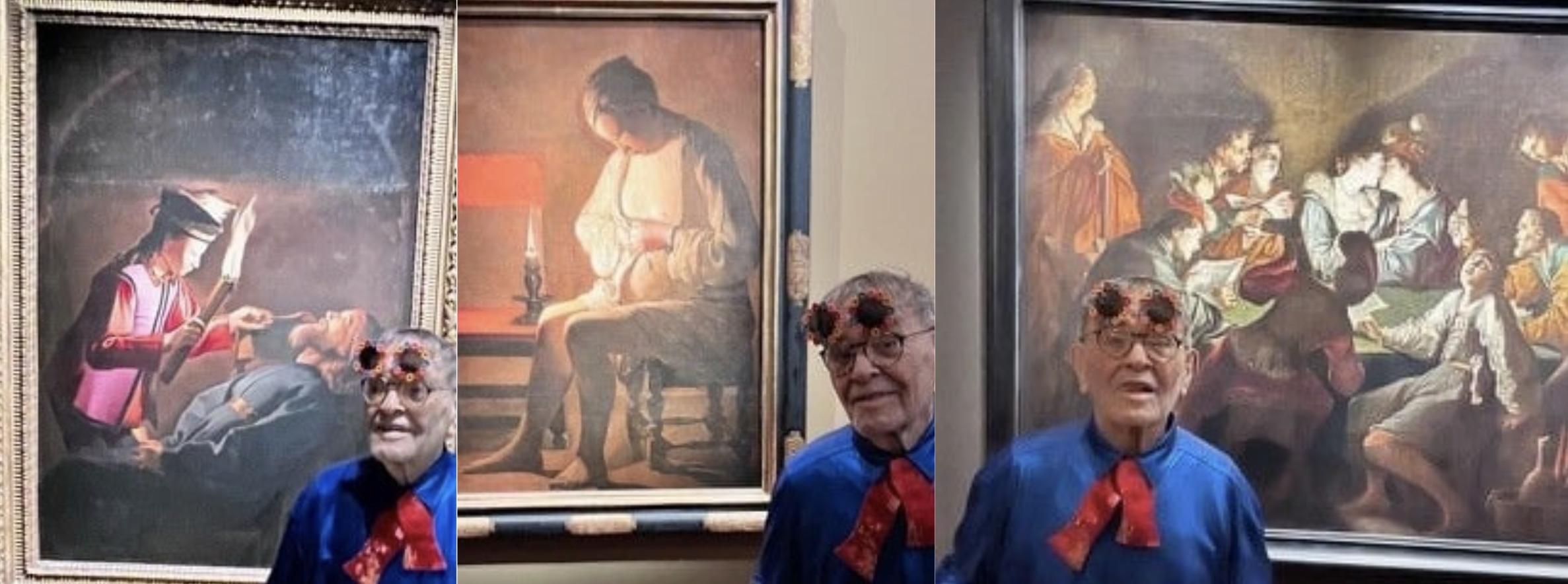 Fernando Arrabal a visité l’exposition consacrée à Georges de La Tour ; il pose à côté de toiles du peintre du XVIIe siècle.