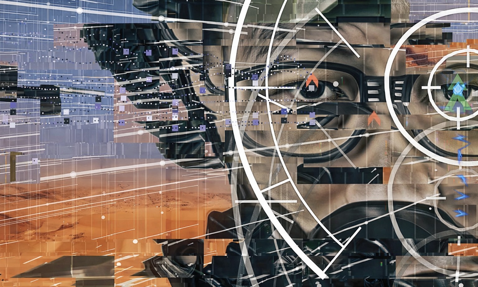 Illustration de Yoshi Sodeoka, on voit un visage de militaire découpé par des éléments numériques.