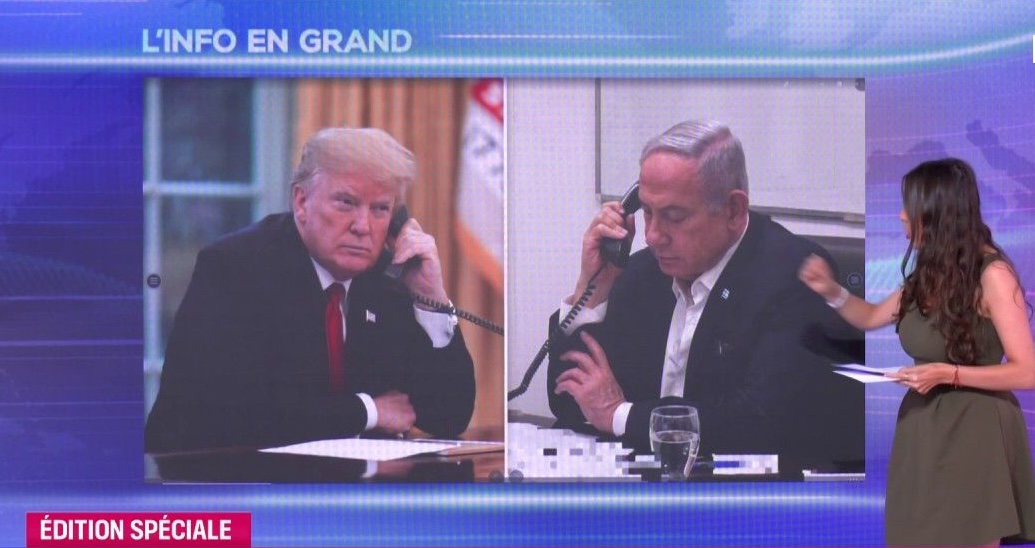 Donald Trump et Benjamin Nétanyahou, sur un écran de télévision.