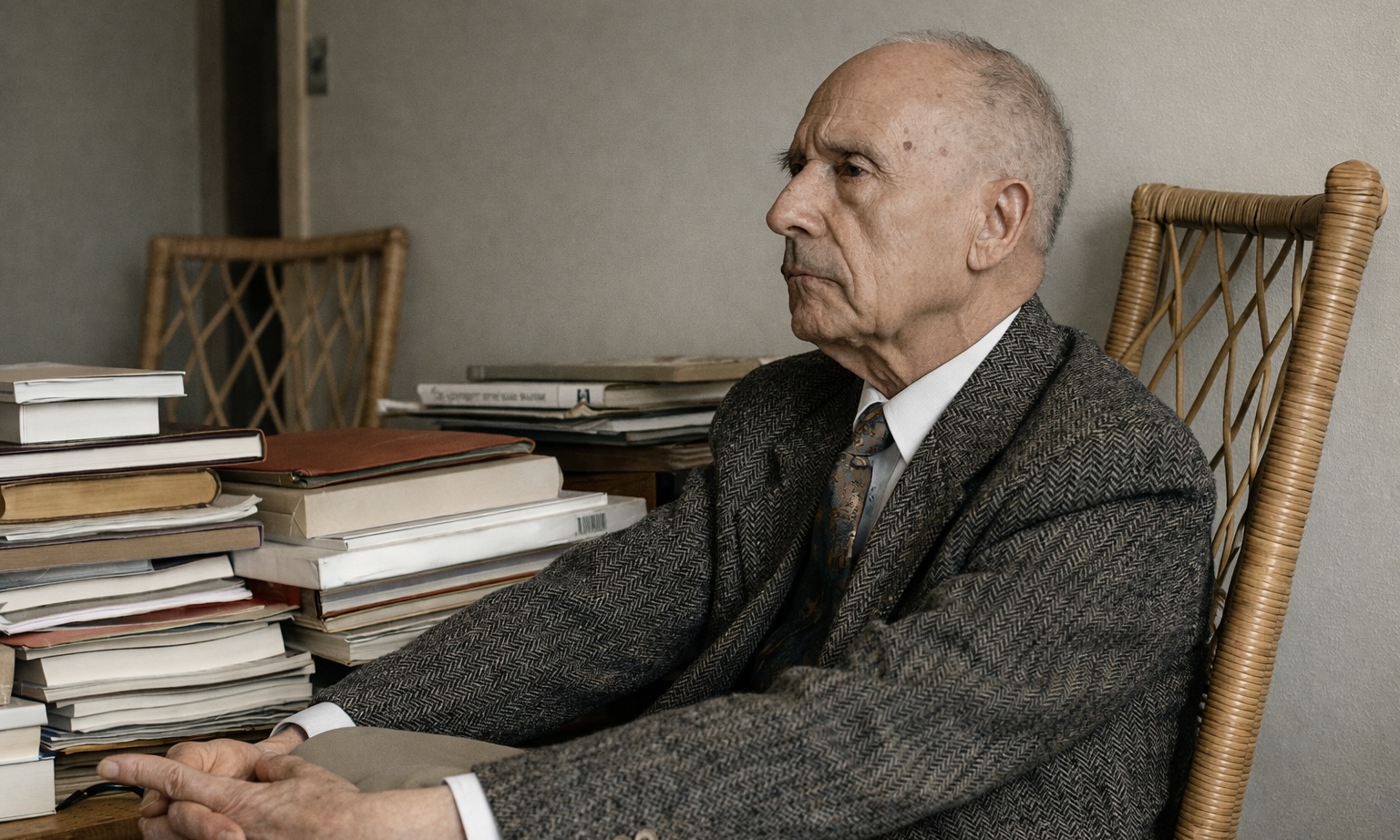 Portrait de l'écrivain Julien Gracq. assis à côté d'un bureau recouvert de livres et de dossiers.