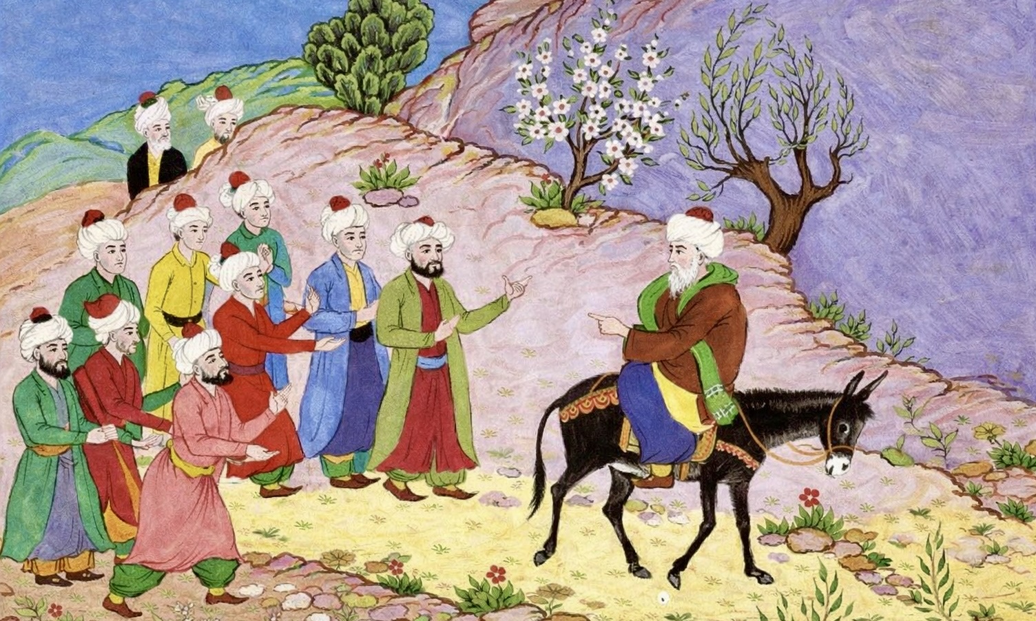 Illustration de Nasreddin Hodja assis à l'envers sur un âne, il parle à des hommes qui le suivent.