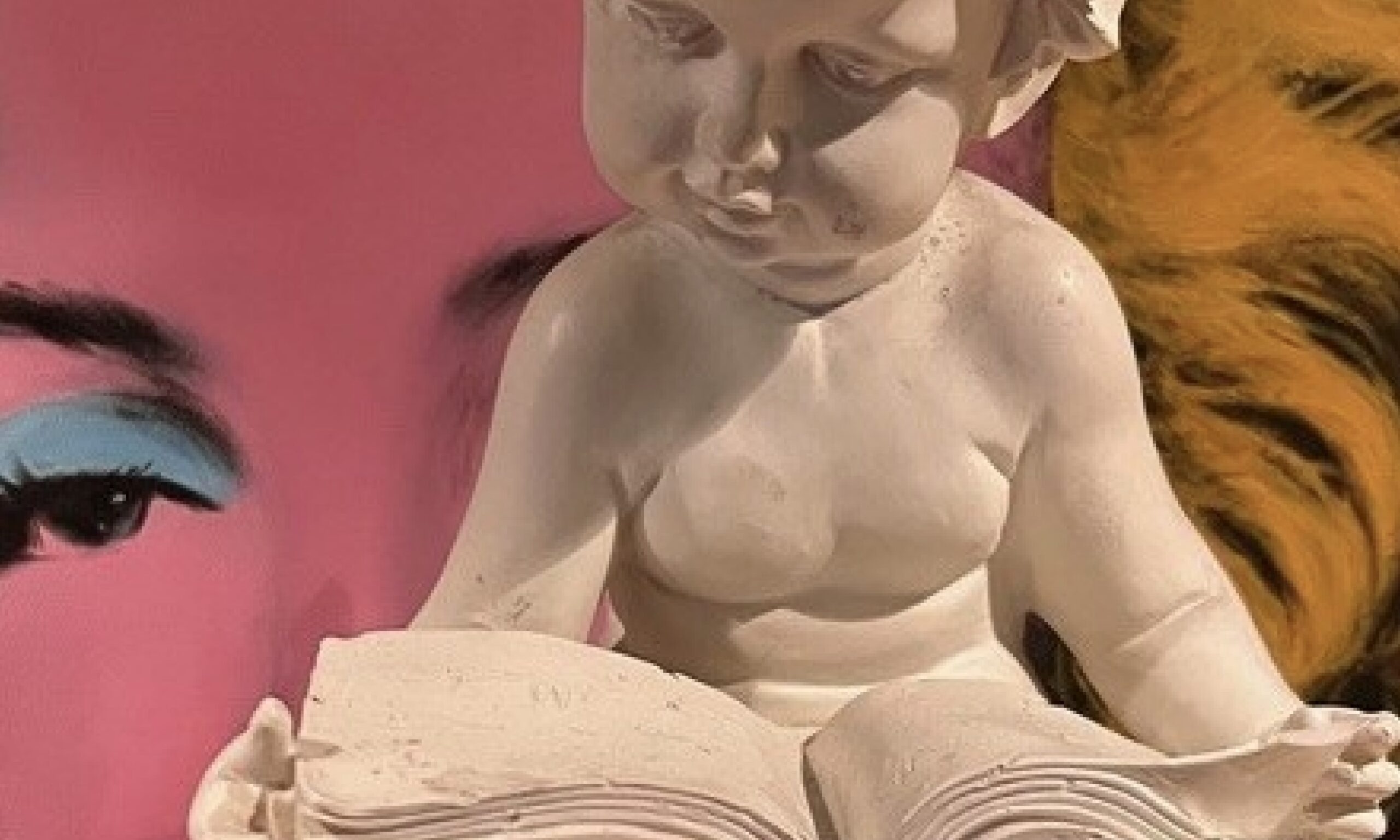 « Poème », collage de Fernando Arrabal. On voit une statuette d'angelot lire, derrière il y un portrait pop art de Marylin Monroe.