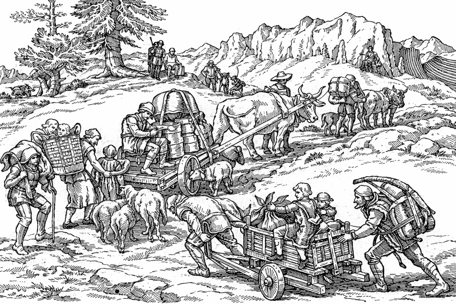 Dessin représentant La migration des Walser par les cols.