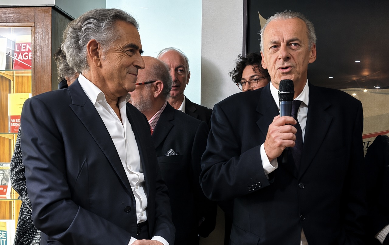 Olivier Nora et Bernard-Henri Lévy, chez Grasset, le 14 décembre 2023.