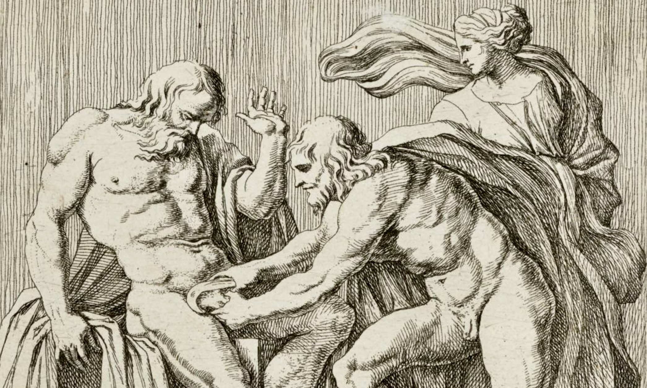 Estampe à l'eau-forte dePolidore de Caravage, « Saturne mutilant son père Coelus » par une castration.