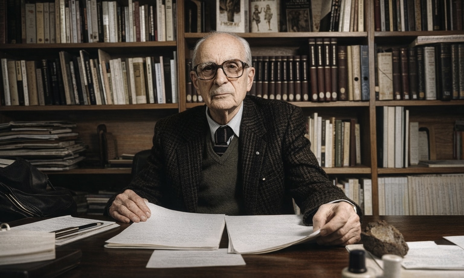 Claude Lévi-Strauss est assis derrière son bureau, derrière lui on voit une bibliothèque.