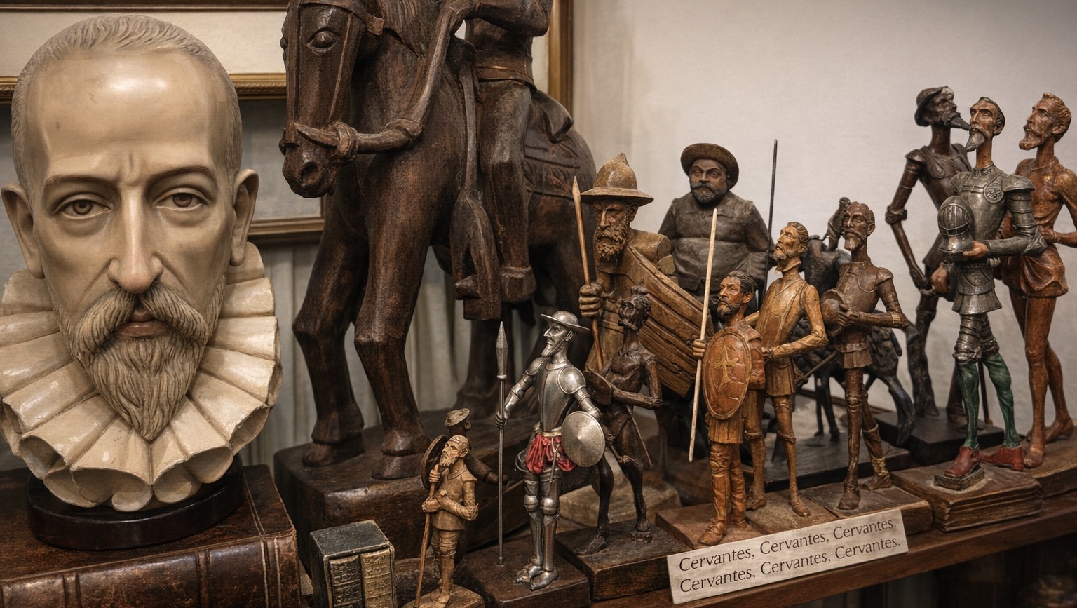 Buste de Cervantes et figurines en bois de Don Quichotte et Sancho Panza.