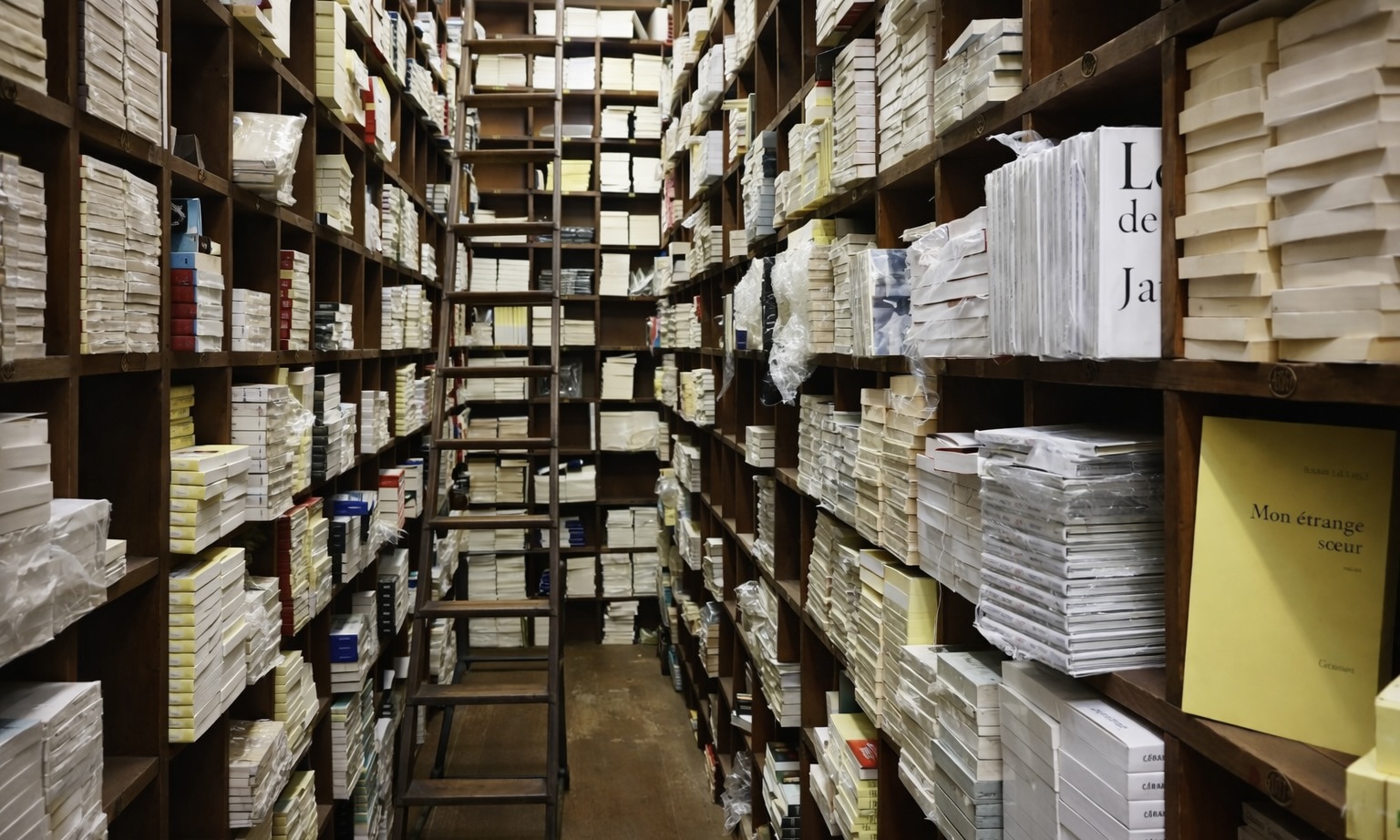 Grasset est l’une des rares grandes maisons d’édition nées au début du XXe siècle à être restée dans les mêmes murs, au 61 rue des Saints-Pères. Ici, vue du magasin avec des piles de livres nombreux rangés dans des étagères étroites.