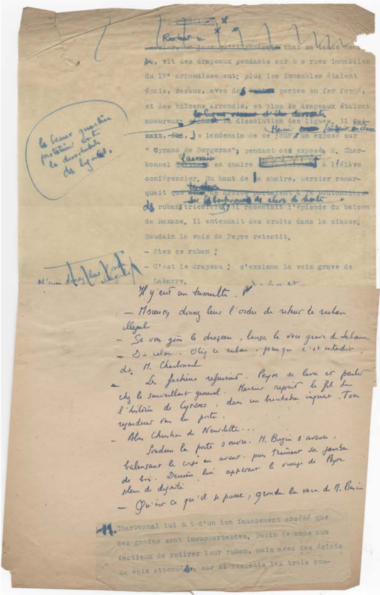 Image d'une page de L’année a perdu son printemps, d'Edgar Morin, fragments de manuscrit et tapuscrit.