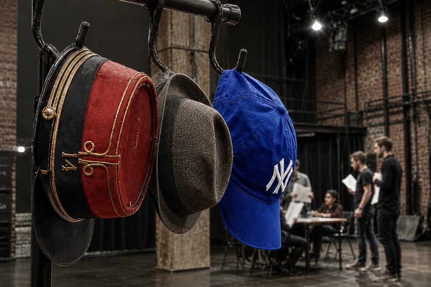 Sur un portant de coulisses, un képi rouge et noir rappelant celui du capitaine Dreyfus, un chapeau gris et une casquette bleue sont suspendus, dans l’atmosphère feutrée d’un théâtre en répétition.