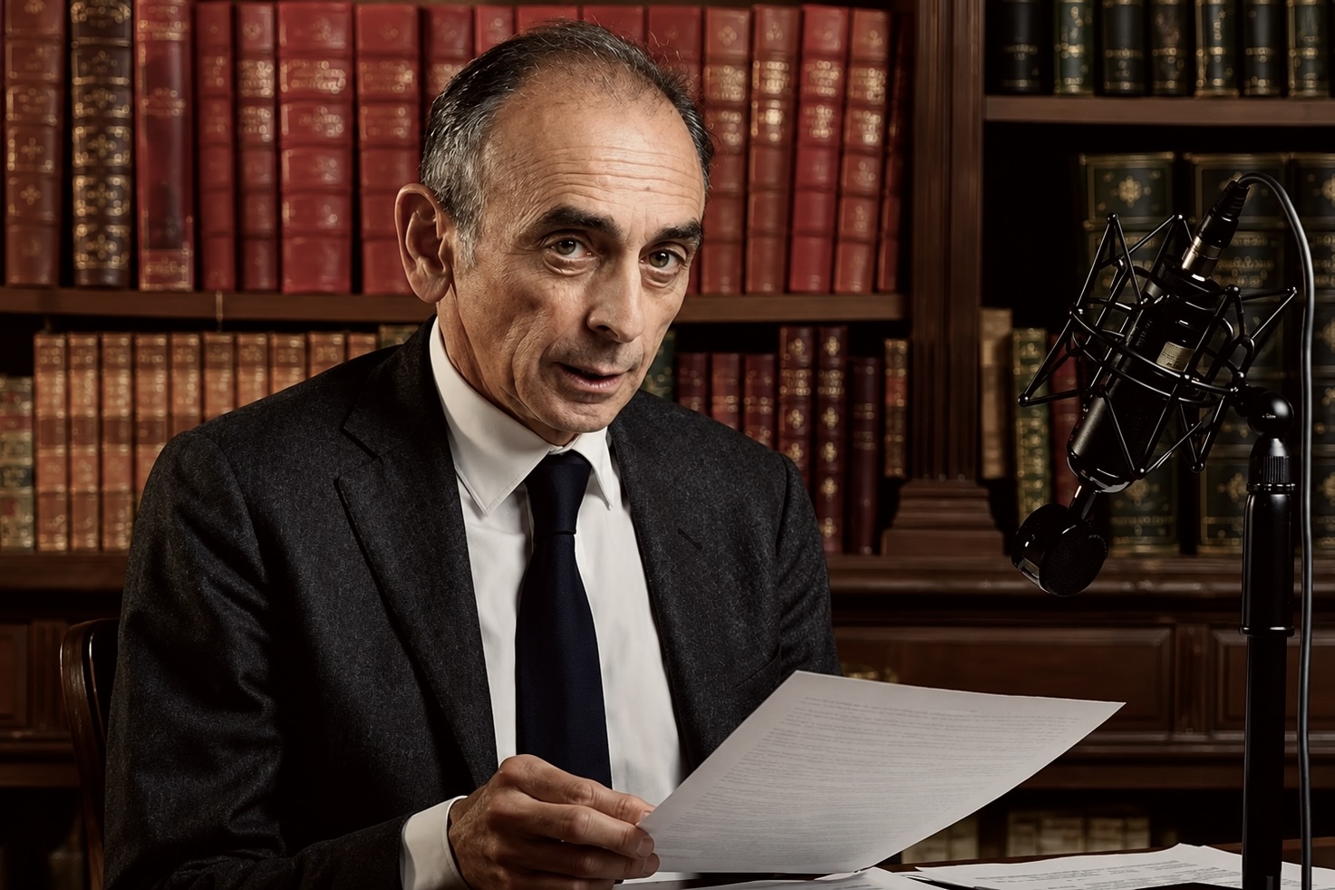Eric Zemmour lit un document devant un microphone, dans une bibliothèque, pour annoncer sa candidature à l’élection présidentielle de 2022.