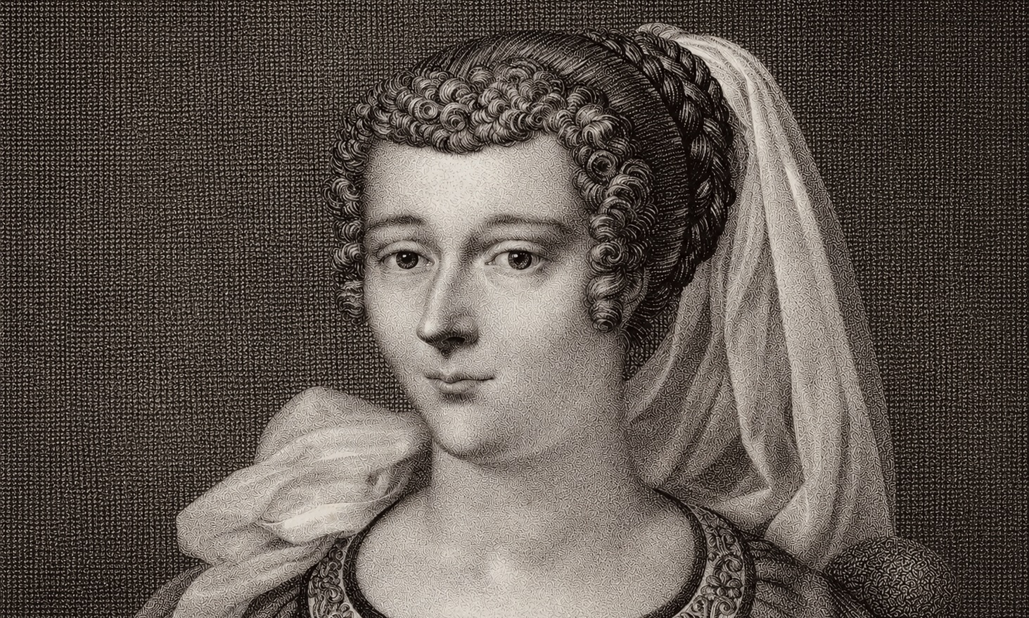 Lithographie de la femme de lettres et philosophe Marie de Gournay.