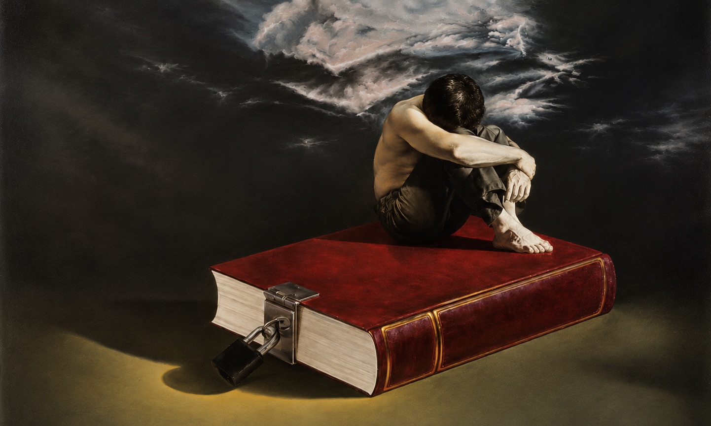 Un personnage recroquevillé est assis sur un grand livre fermé par une cadenas dans une atmosphère sombre.
