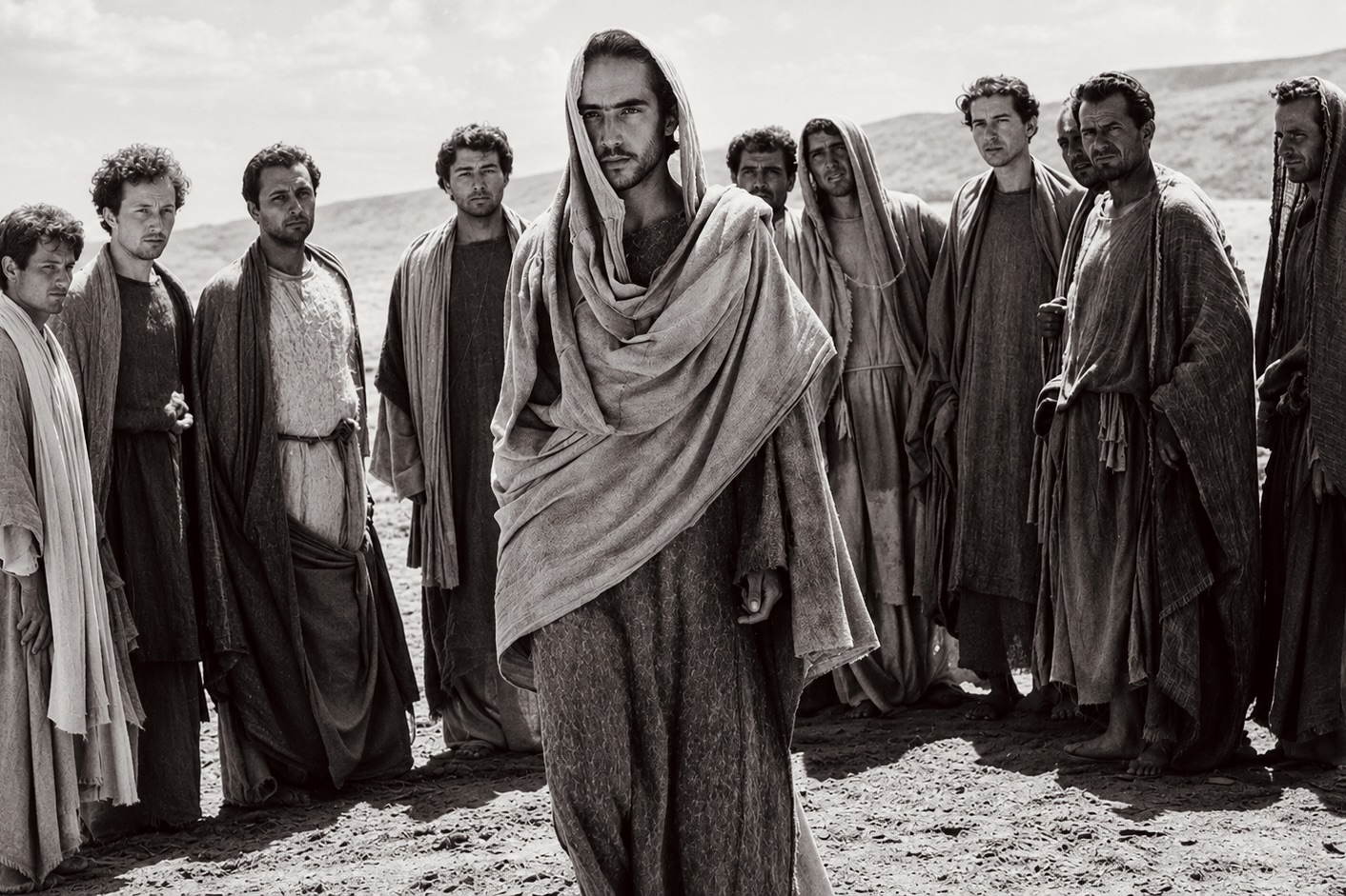 Scène issue de «L’Évangile selon saint Matthieu» de Pasolini. Un groupe d’hommes vêtus de longues tuniques se tient dans un paysage désertique, en noir et blanc, avec un personnage central (Jésus) avançant vers l’avant.