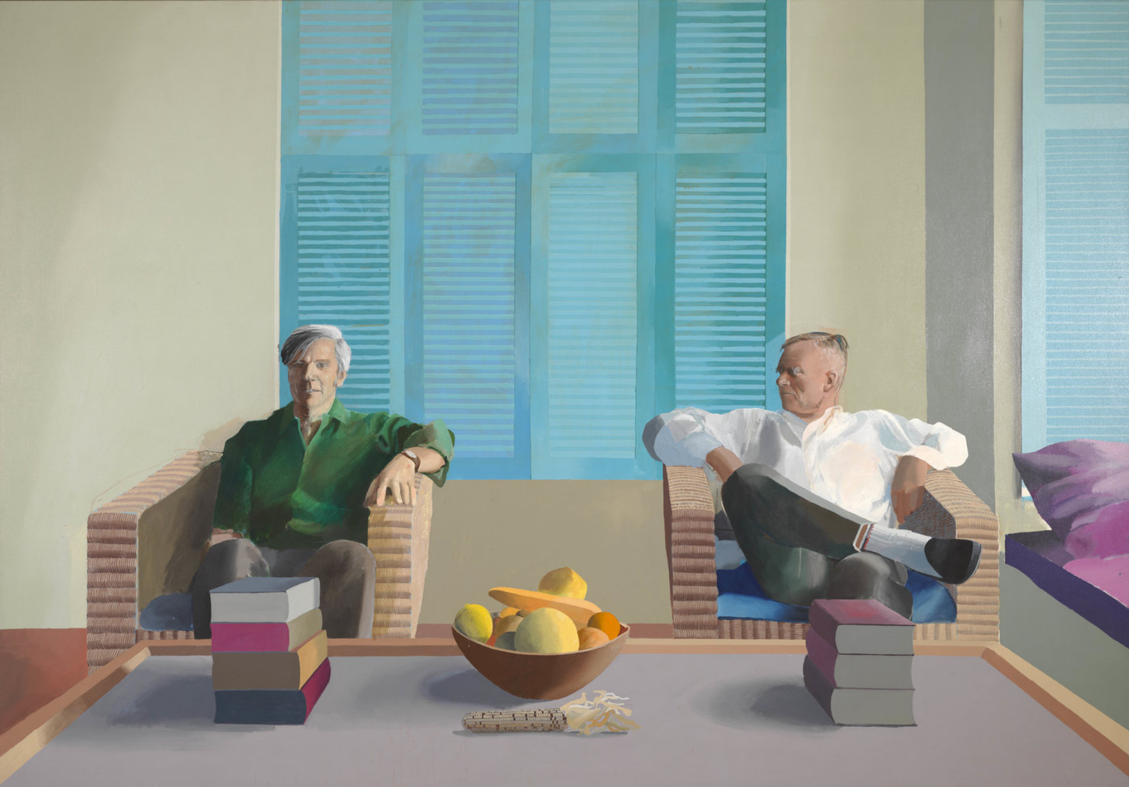 Peinture de David Hockney représentant Christopher Isherwood et Don Bachardy assis côte à côte.