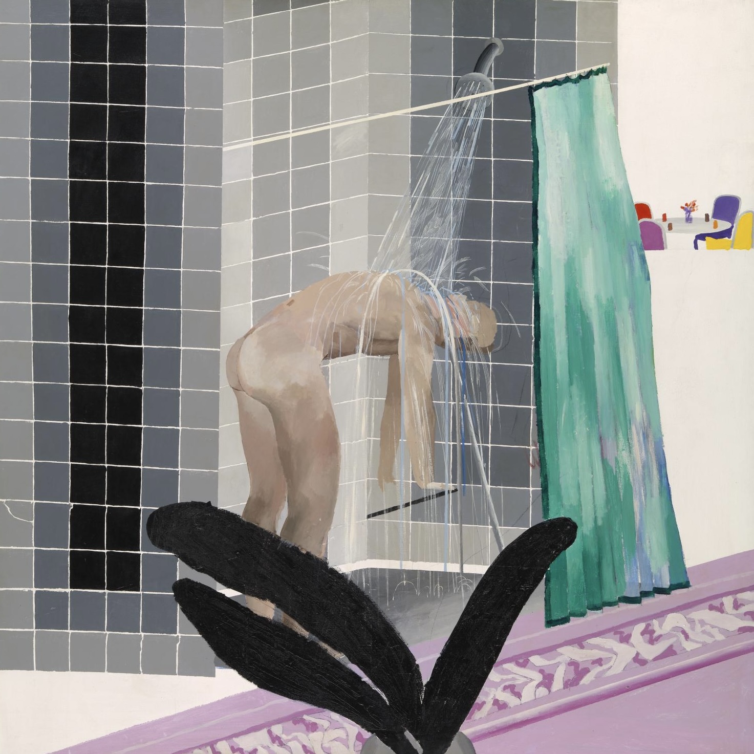 Peinture de David Hockney, on voit un homme nu prendre une douche.