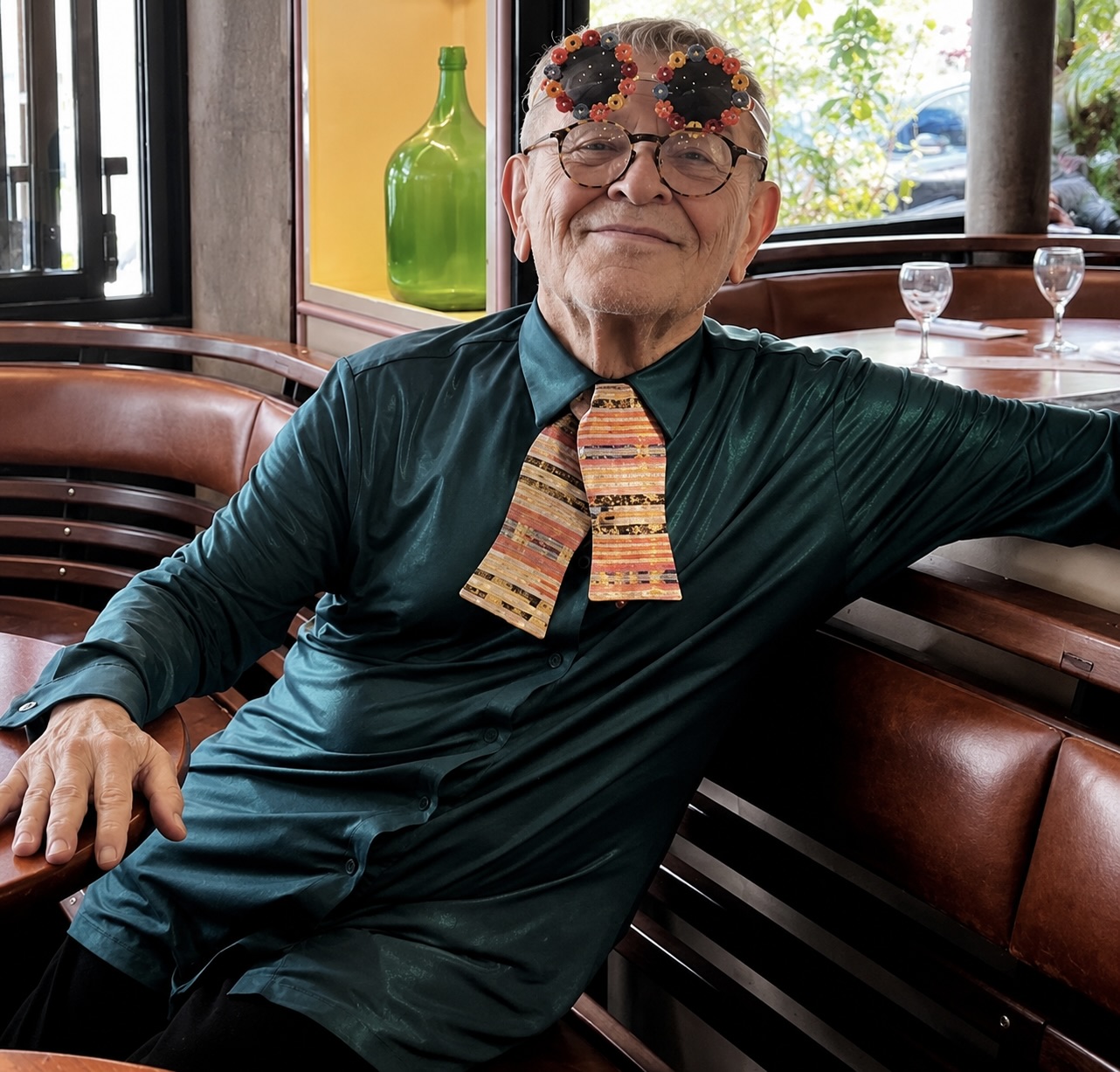 Fernando Arrabal assis dans un café.