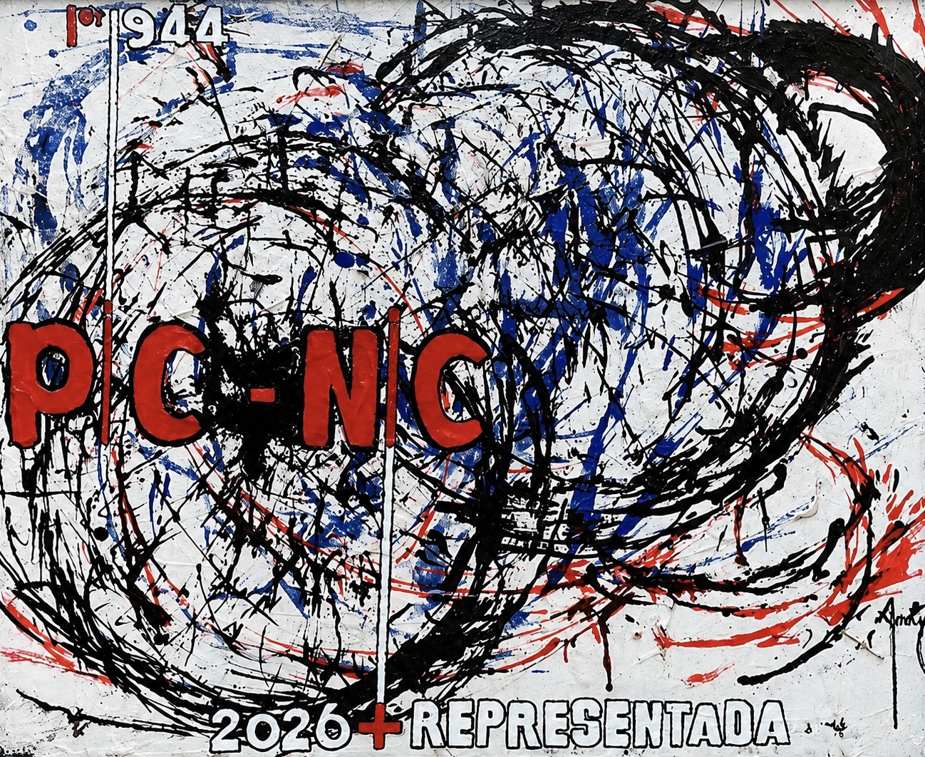 Peinture abstraite sur fond blanc composée de gestes circulaires noirs, de projections bleues et rouges, et d'une typographie rouge centrale où il est écrit « Pic-Nic ! ».