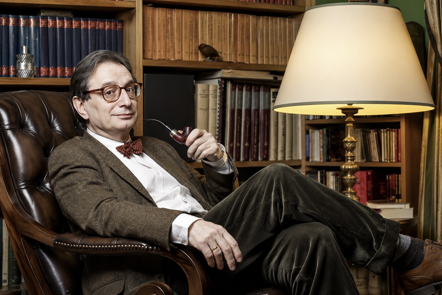 Le philosophe Jean-Luc Marion assis dans sa bibliothèque.