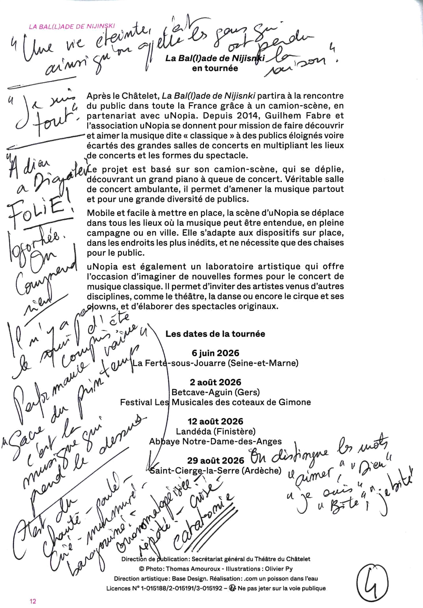 Notes manuscrites de Félix Le Roy prises au Châtelet durant la représentation de « La Bal(l)ade de Nijinski »