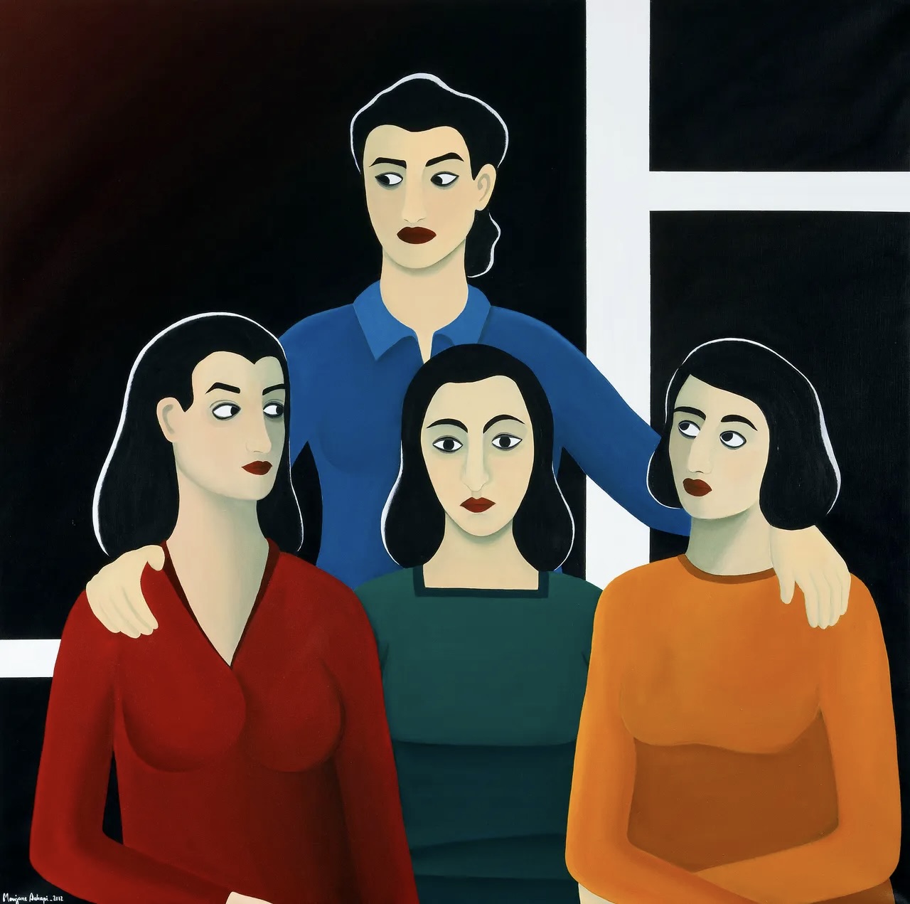 Peinture de Marjane Satrapi montrant quatre femmes réunies dans un intérieur, caractérisée par une palette de couleurs vives et contrastées dominée par le rouge, le bleu, le vert et l’orange sur un fond sombre.