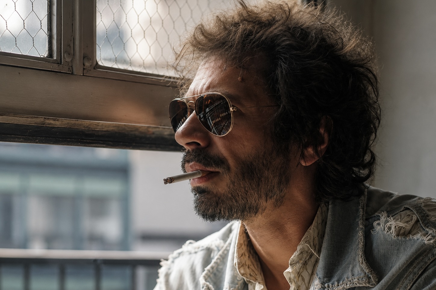 Portrait de Olivier Zahm qui fume une cigarette en regardant par la fenêtre. Il porte des ray-ban noires.