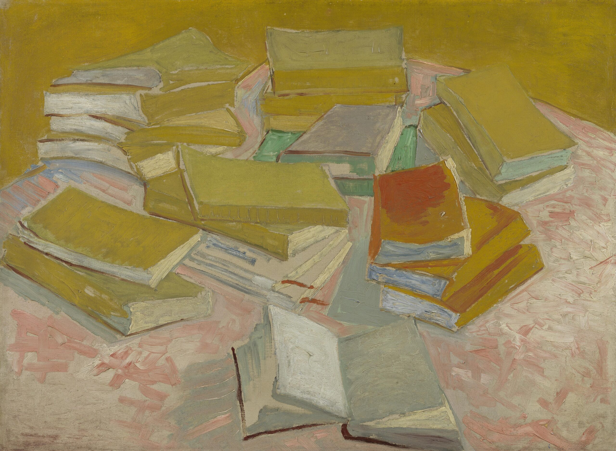 Dans ce tableau de Vincent van Gogh, un amas de livres aux couvertures variées est disposé de façon désordonnée sur une table, dans des tons ocres, roses et verts.