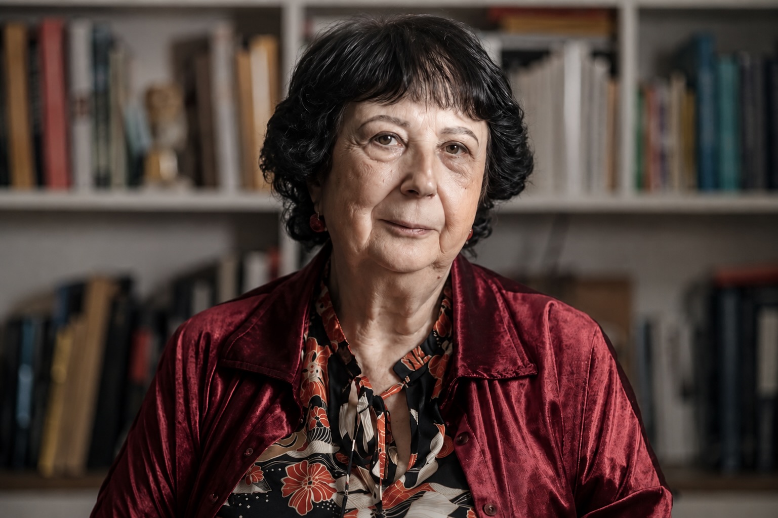 L’historienne Galia Ackerman devant sa bibliothèque.
