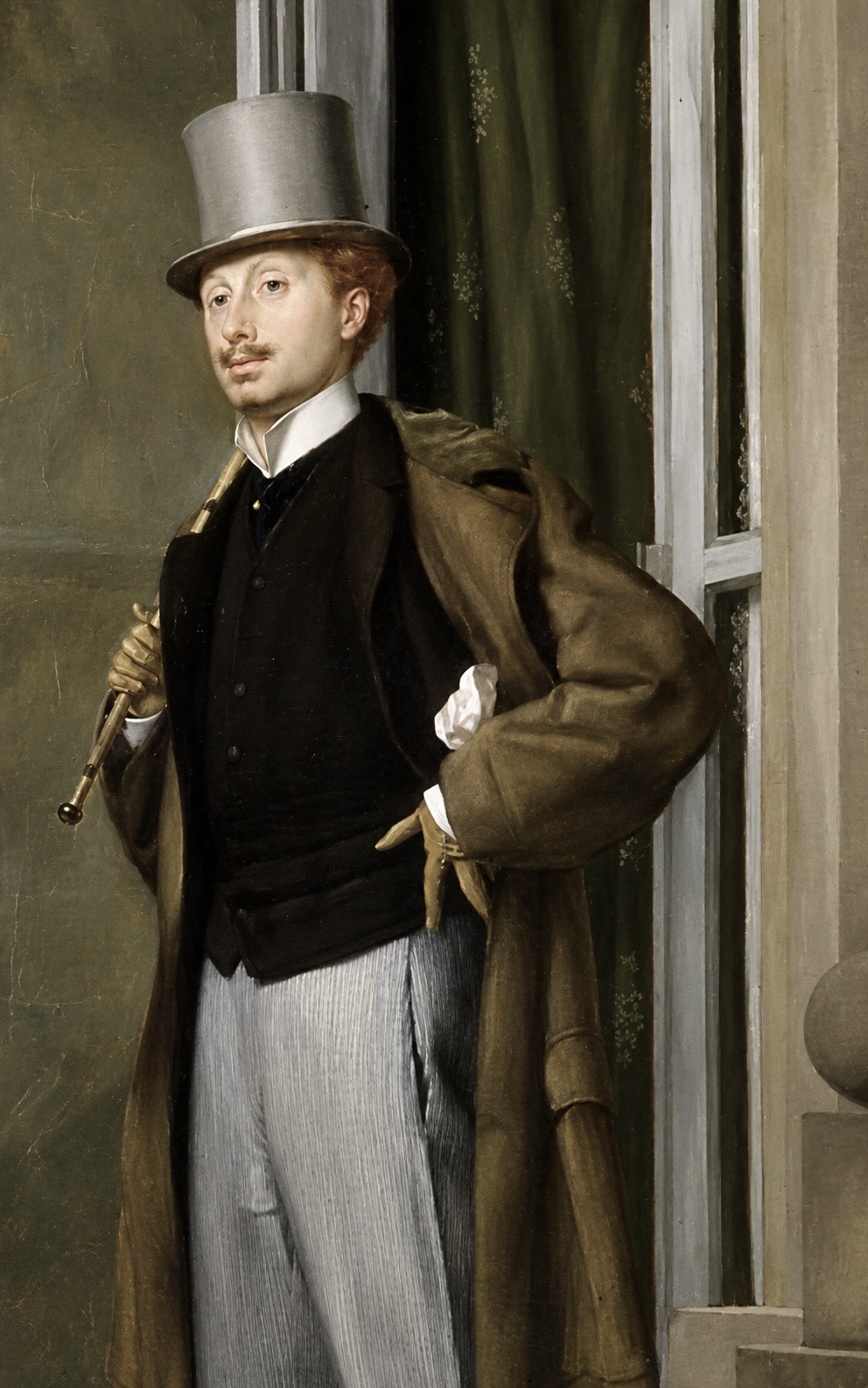 Charles Haas, représenté dans « Le Cercle de la rue Royale » de James Tissot, avec son élégance vêtu d'un haut-de-forme gris, d'un manteau jeté sur les épaules et tenant une canne.