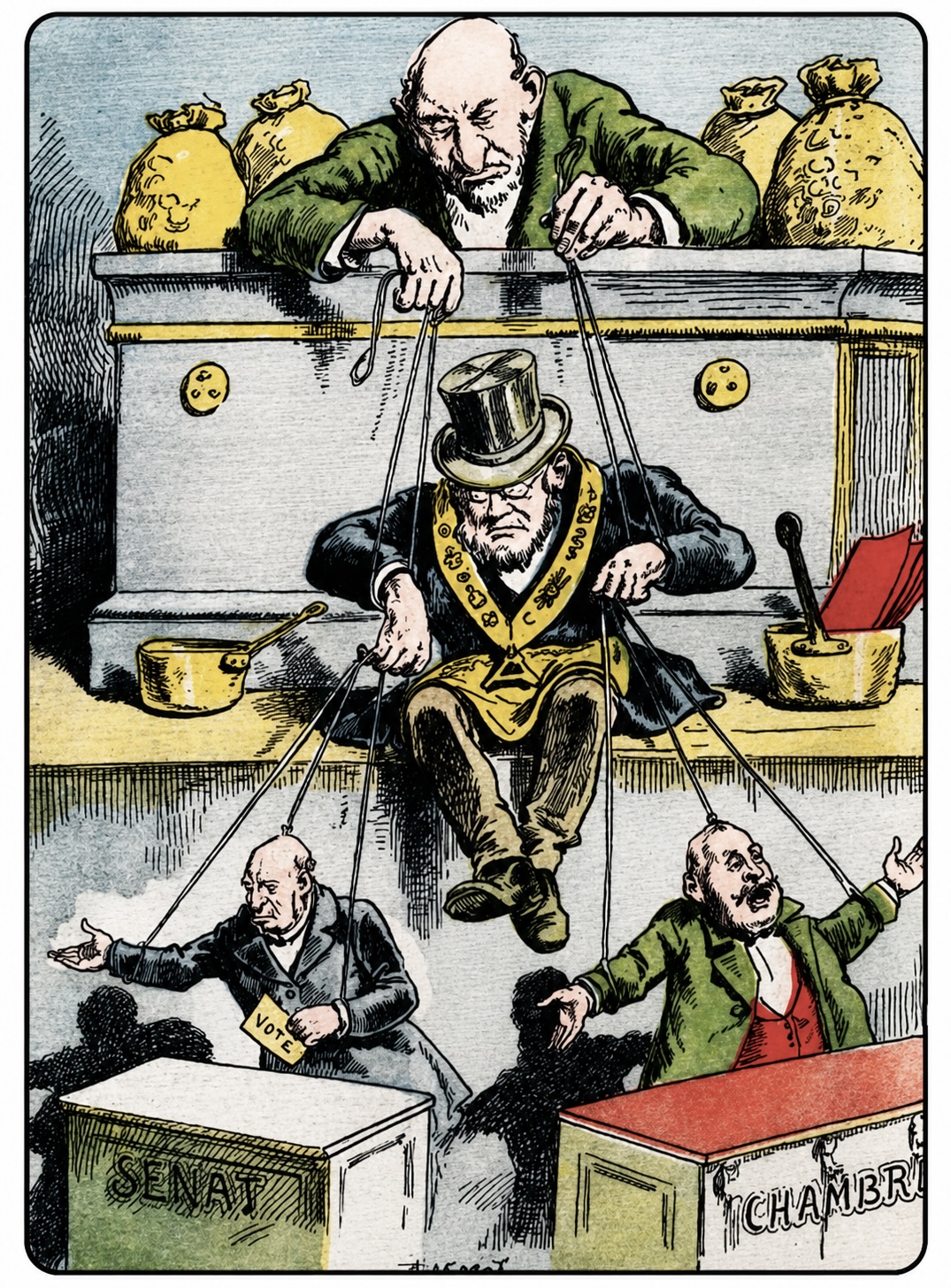 « Le guignol néfaste », dessin antimaçonnique d’Achille Lemot dans « Le Pèlerin », qui représente les pouvoirs de l’argent manipulant le franc-maçon qui manipule les élus du Sénat et de l’Assemblée.