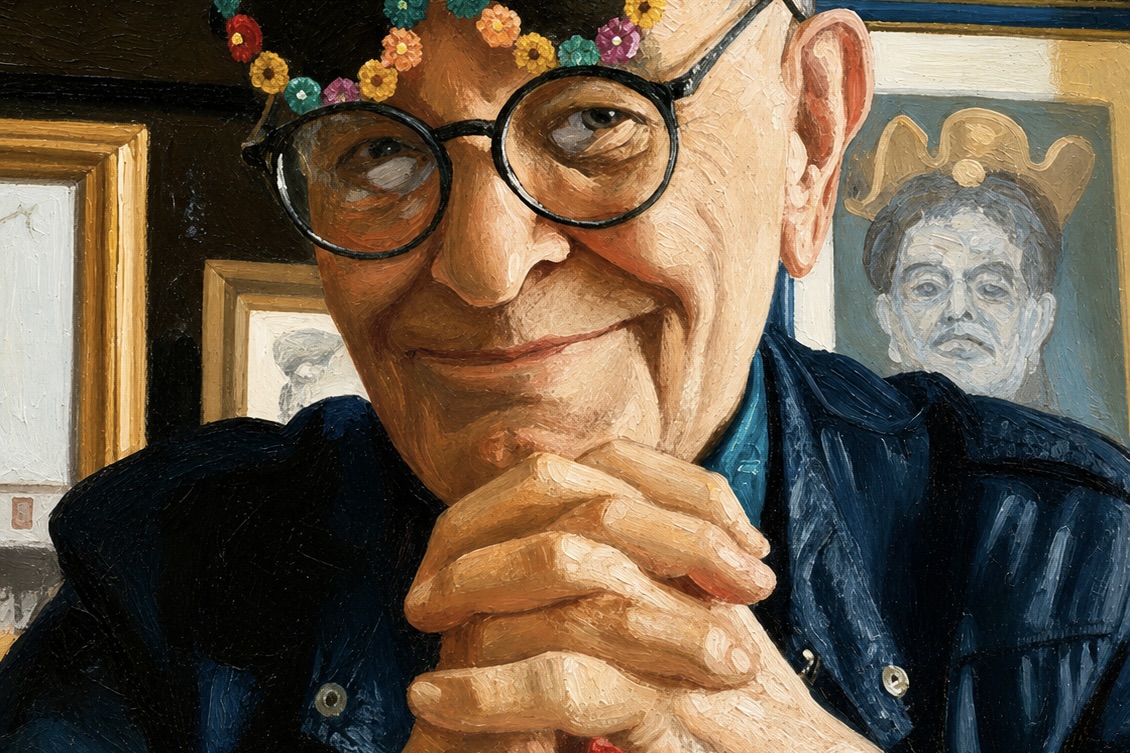 Détail de la couverture du dernier livre de Fernando Arrabal, « Arrabal, Arrabal, Arrabal, Arrabeaux », publié en Espagne le 15 décembre 2025. C'est portrait peint de Fernando Arrabal.