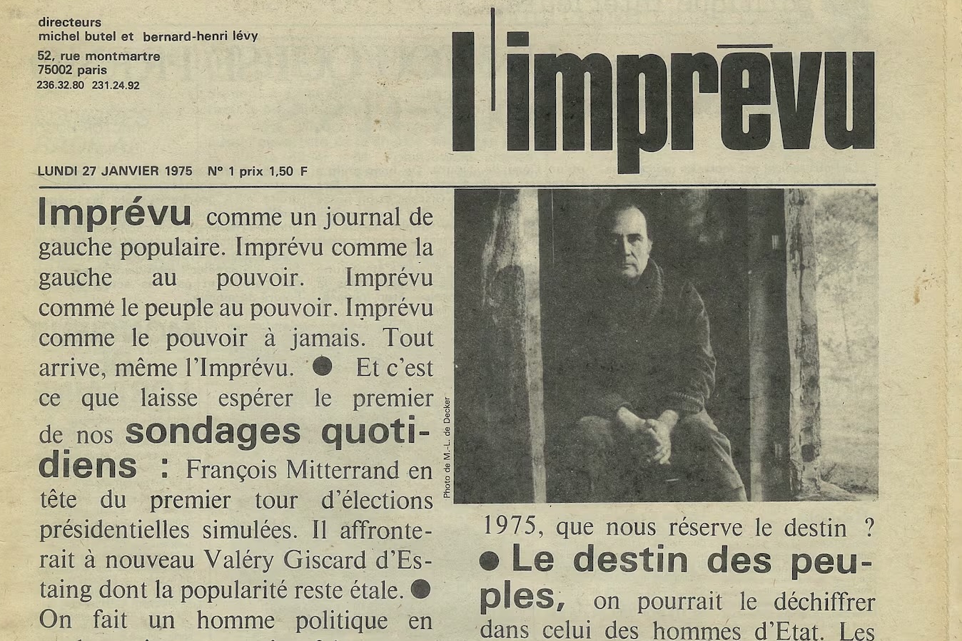 Une du premier numéro du quotidien « L’Imprévu », daté du 27 janvier 1975.
