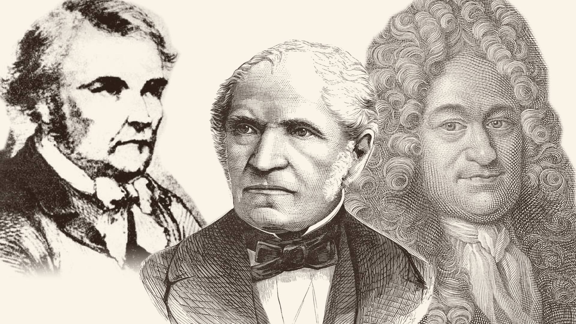 De gauche à droite : le faussaire littéraire Denis Vrain-Lucas, le mathématicien Michel Chasles et le philosophe Gottfried Wilhelm Leibniz. Montage de gravures.